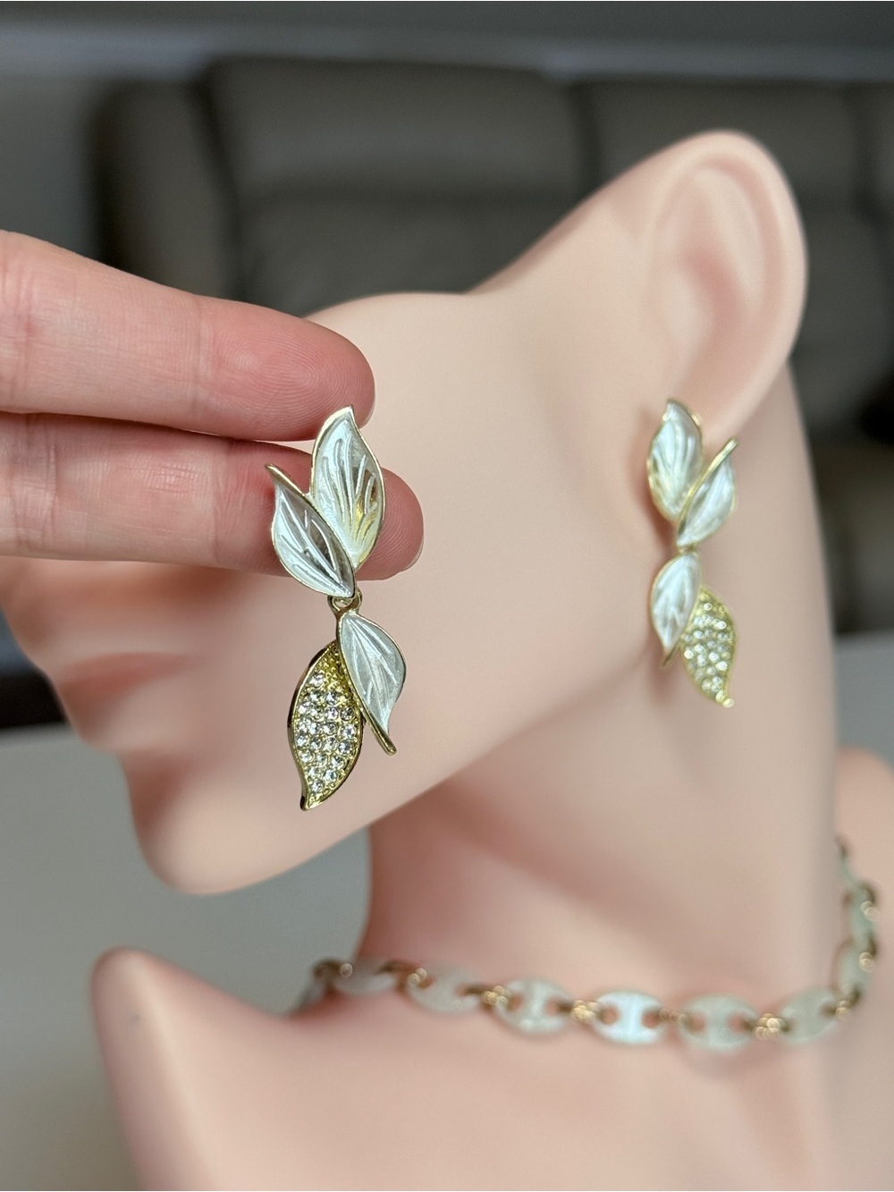 Cocktail Gold and White Leaf Earrings